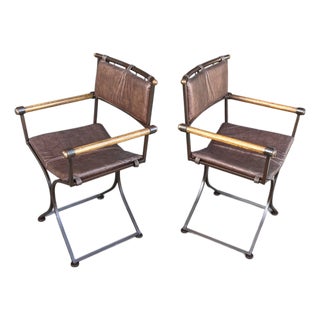 Vintage Baroque Revival Brown Campaign Armchairs With X Frame - A Pair For Sale