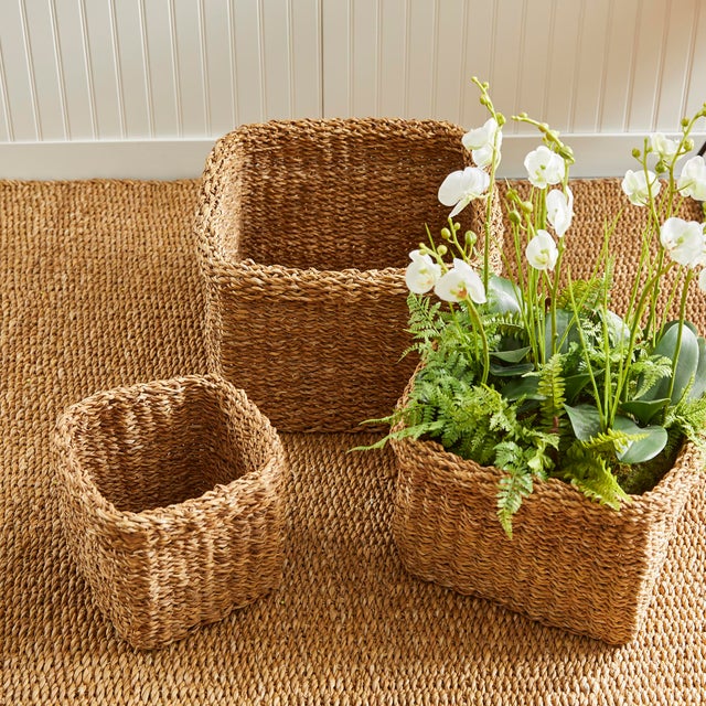 Boho Chic Seagrass Square Baskets With Cuffs, Set Of 3 For Sale - Image 3 of 6