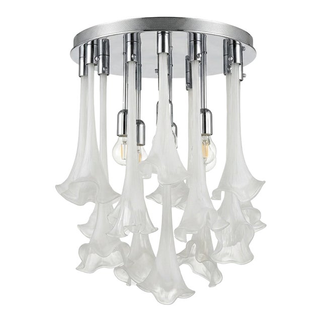 1970s Mid-Century Modern Venini Italian Murano Glass "Calla Lily" Chandelier in Frosted White For Sale