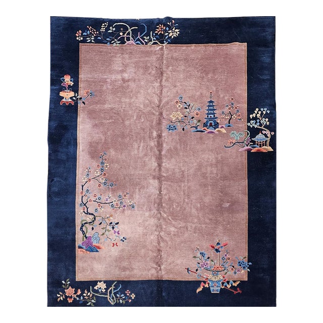 Vintage Hand-Knotted Chinese Art Deco Rug, Wool Pagoda Floral Motif, 9' x 12' For Sale