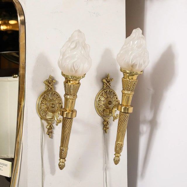 Pair of Neoclassical Torch Sconces in Frosted Glass and Antique Brass For Sale - Image 4 of 12