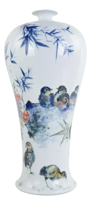 Contemporary Artist Abao Hand-Painted Chick Famille Rose Plum Vase (Circa 2018)