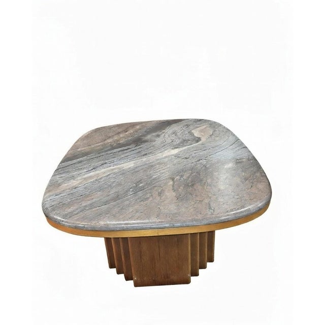 Poul Cadovius Vintage 1960s Swedish Mid-Century Modern Marble and Teak Coffee Table by Bendixen – Oval Swirl Marble Top With Sculptural Fluted Pedestals For Sale - Image 4 of 10