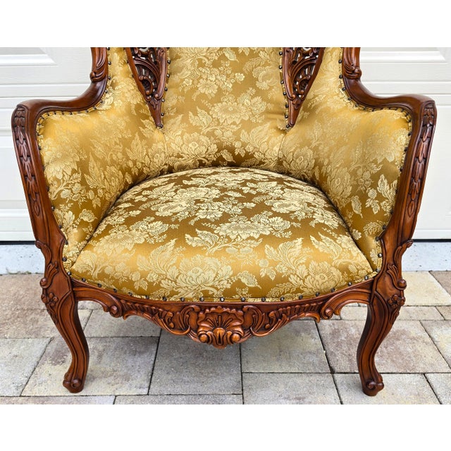 Victorian Rococo Revival Carved Bird Crest Music Room Wingback Armchair For Sale - Image 9 of 18