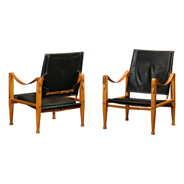 Set of Safari Chairs in Black Leather and Ash by Kaare Klint for Rud Rasmussen For Sale