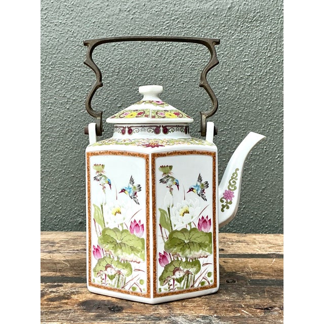 Chinoiserie Vintage Chinoiserie Glazed Ceramic Botanical Tea Pot For Sale - Image 3 of 12