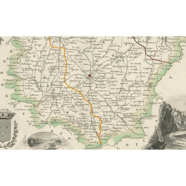 Map of Corrèze France with Brive, Tulle and Dordogne River Landscape : This finely detailed 19th-century map of the...