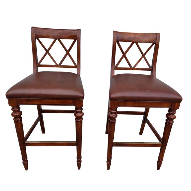 Brown Pair of Vintage Ethan Allen British Classics Crossback Barstools Armchairs Empire Style For Sale - Image 8 of 14