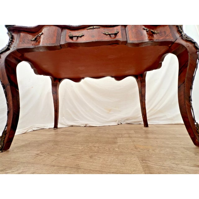 Antique French Desk Three Dovetail Drawers Brass Ormolu Hand Cut Floral Inlays For Sale - Image 13 of 13