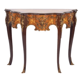 Mid 20th Century Rococo Style Gilt Metal Mounted Marquetry Fruitwood Serpentine Console Table For Sale