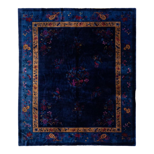 Antique Peking Handmade Chinese Blue Wool Rug With Traditional Floral Motif For Sale