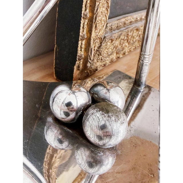 A lovely vintage circa 1940s silver plated trophy cup with figural crossed billiard cues and balls at the base, engraved...