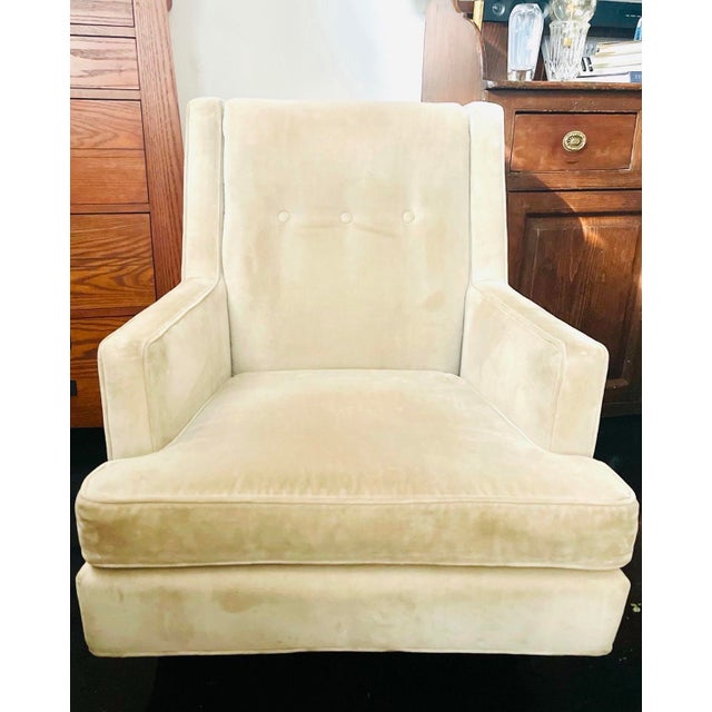 In a pale blue Japanese Silk, this Wormley original for Dunbar is just as comfortable as it is a conversation peace. Mid-...