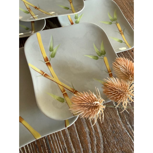 Ceramic Mid 20th Century Weil Ware California 5.75 Inch Square Plates Hand Decorated Bamboo Pottery - Set of 6 For Sale - Image 7 of 11