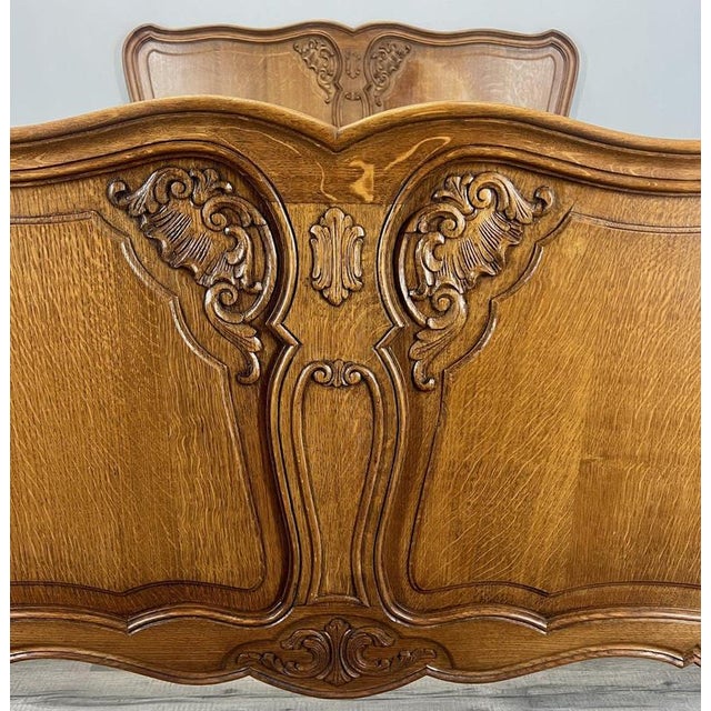 Vintage French Louis XVI Style Oak Double Bed Frame with Carved Headboard For Sale - Image 4 of 11