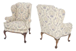 Pair of Queen Ann Carved Walnut Bases Blue & White Upholstery Arm Chairs