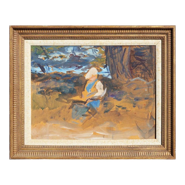 Blue, Yellow, Orange and Cream Toned Abstract Figurative Landscape With Lake by Wayman Adams For Sale
