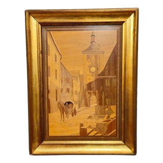 Framed Marquetry Panel with Urban Scene For Sale