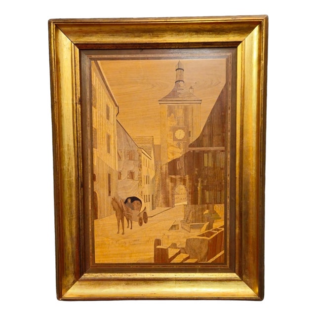 Framed Marquetry Panel with Urban Scene For Sale