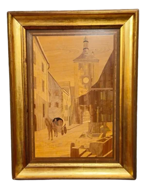 Framed Marquetry Panel with Urban Scene