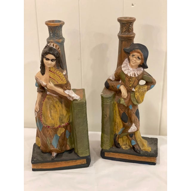 Ceramic Vintage Ceramic Borghini LaCrima Christi Harlequin Ceramic Wine Decanter Bookends or Candlesticks - Pair For Sale - Image 7 of 12