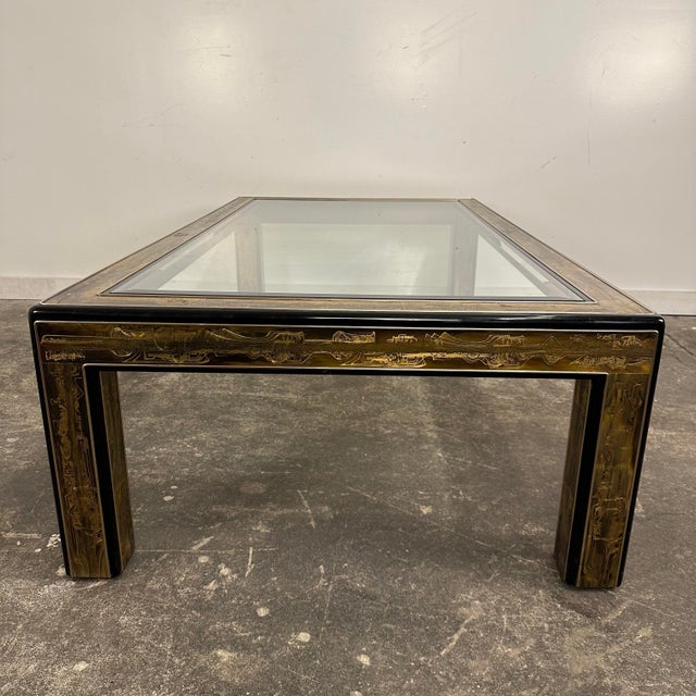 1970s Bernhard Rohne for Mastercraft Acid-Etched Brass and Black Lacquered Coffee Table For Sale In Cleveland - Image 6 of 12