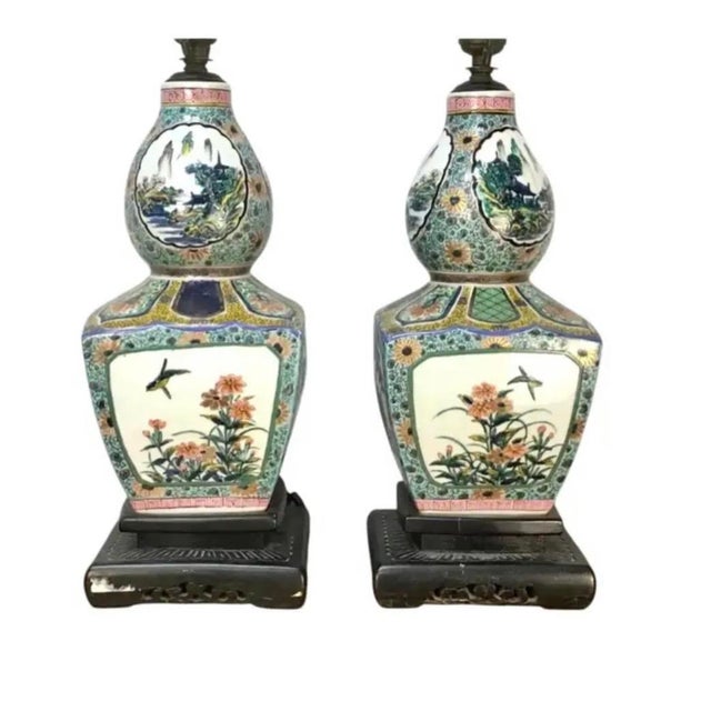 Pair 19th Century Famille Verte Chinese Porcelain Lamps For Sale - Image 4 of 9