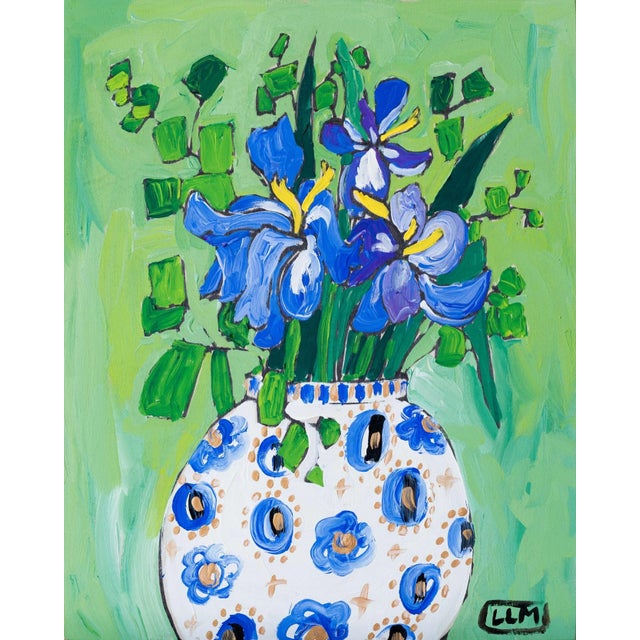 Iris Bouquet in Floral Delft Vase on Green Maximalist Painting For Sale