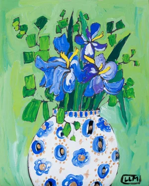 Iris Bouquet in Floral Delft Vase on Green Maximalist Painting