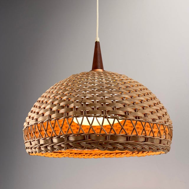 Wood Vintage Pendant Lamp with Rattan Shade and Teak Applications, 1960s For Sale - Image 7 of 9