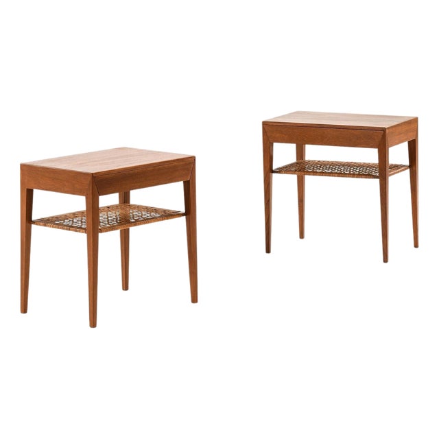 Bedside Tables in Cane and Teak attributed to Severin Hansen, 1950s, Set of 2 For Sale