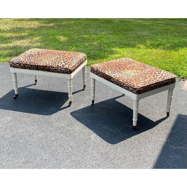 Late 20th Century Vintage Leopard Ottomans With Brass Castors - a Pair For Sale - Image 9 of 12