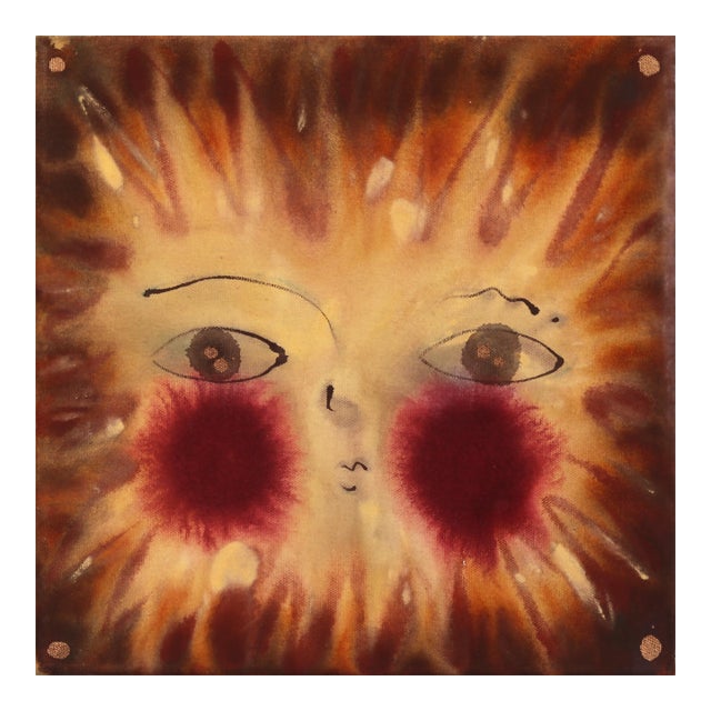 Sun No.8 - Folk Art Inspired Abstract Sun Mixed Media Painting on Raw Canvas by Meredith Walker For Sale