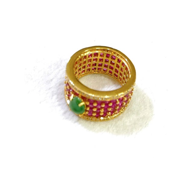 Metal Bochic “Orient” African Ruby, & Jade Vintage Band Ring Set In 18 K Gold & Silver, Size 6.5 For Sale - Image 7 of 11