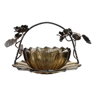 Art Deco Bowl in Glass and Wrought Iron, Belgium, 1920s For Sale