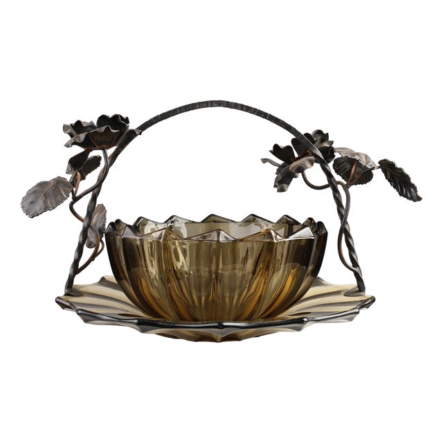 Art Deco Bowl in Glass and Wrought Iron, Belgium, 1920s For Sale