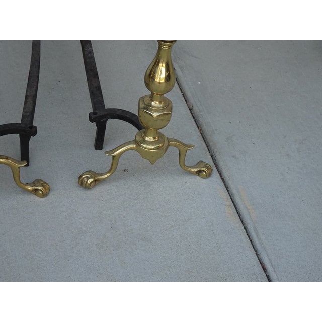 Metal Pair of Vintage American Federal Brass Andirons W Wrought Iron Log Holders For Sale - Image 7 of 9