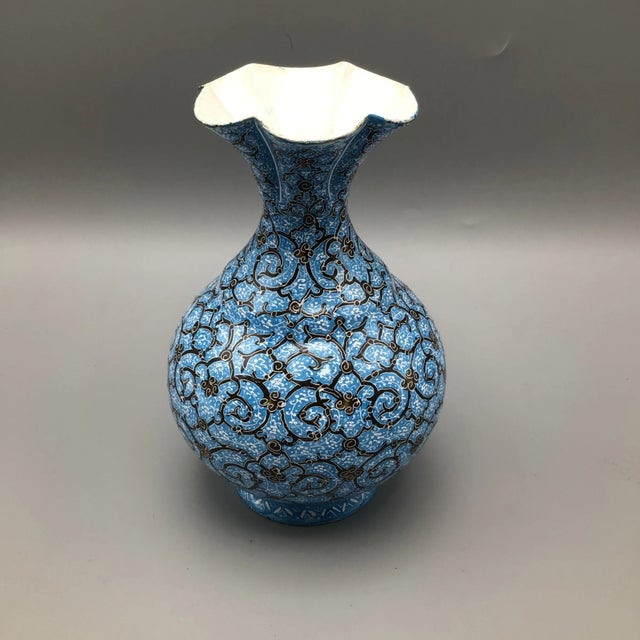 Persian Vintage Ottoman Style Persian Enamel Floral Mouth Vase Blue Gold and White Enamel Over Metal Body With Artist Mark For Sale - Image 3 of 13