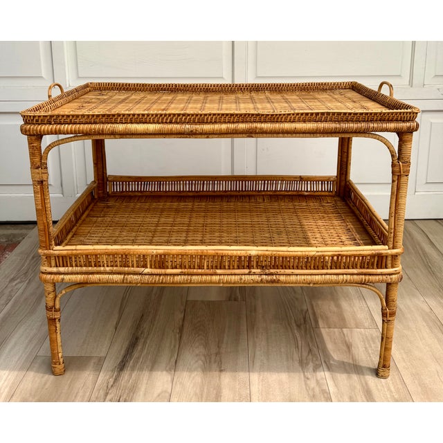 Vintage Bamboo, Rattan & Wicker Two-Tier Console Display Table With Tray Top For Sale - Image 15 of 15