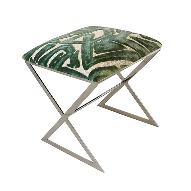 Worlds Away Matthew Izzo Home X Side Polished Nickel and Sea Glass Fabric Stool For Sale - Image 4 of 4