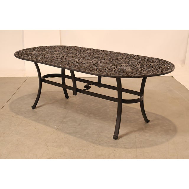 Traditional Castelle Cast Aluminum Outdoor Dining Table With Six Chairs Patio Set For Sale - Image 3 of 18