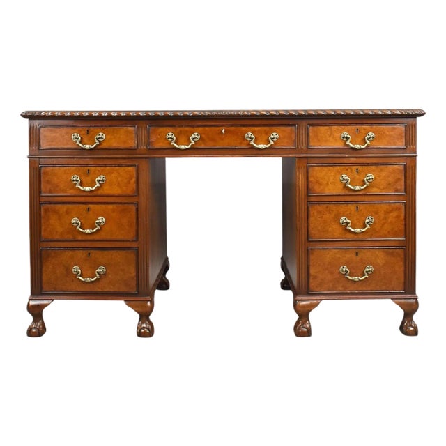 Vintage Burr Walnut Pedestal Desk, 1920 For Sale