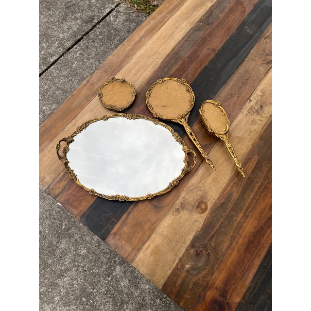 Ornate Gold Gilt Vanity Tray with Brush Hand Mirror. Small Round mirror is missing the mirror.
