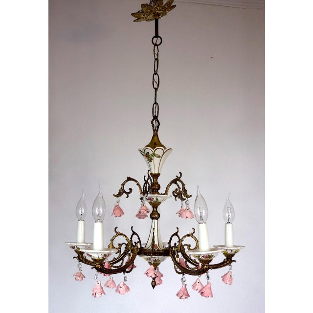 Brass and Porcelain 5-Light Chandelier by Peris Andreu, 1940s, in Very Good conditions. Designed 1920 to 1949 This piece...