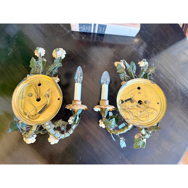 Antique French Floral Tole Wall Sconces - a Pair For Sale - Image 11 of 17