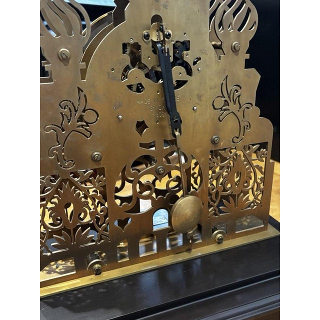 Large Architectural Brass Cathedral Skeleton Clock with Case and Key For Sale - Image 10 of 18