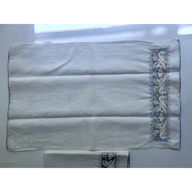 Vintage Pair Embroidered Blue & White Linen "Griffin" Hand Towels For Sale - Image 10 of 12