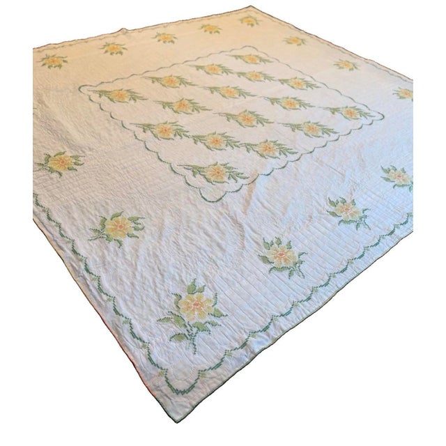 Antique Handmade Embroidered Quilt – Floral Folk Art Bedspread, Reversible, 92” X 95” For Sale - Image 12 of 13