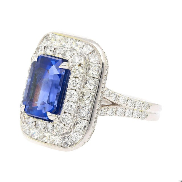 Contemporary Gia Certified 6 Carat Emerald Cut No Heat Burma Blue Sapphire & Diamond Ring For Sale - Image 3 of 11