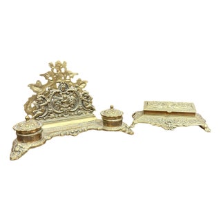 Brass Inkwell with Letter Holder and Stamp Box, Set of 2 For Sale